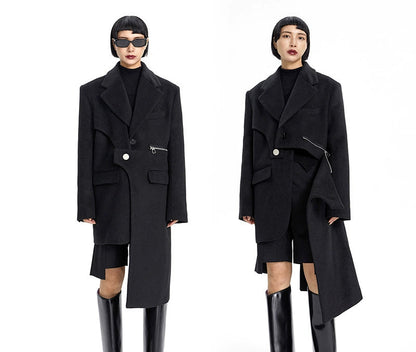 TINY IN Irregular Women's Black Woolen Coat Jacket - NARU