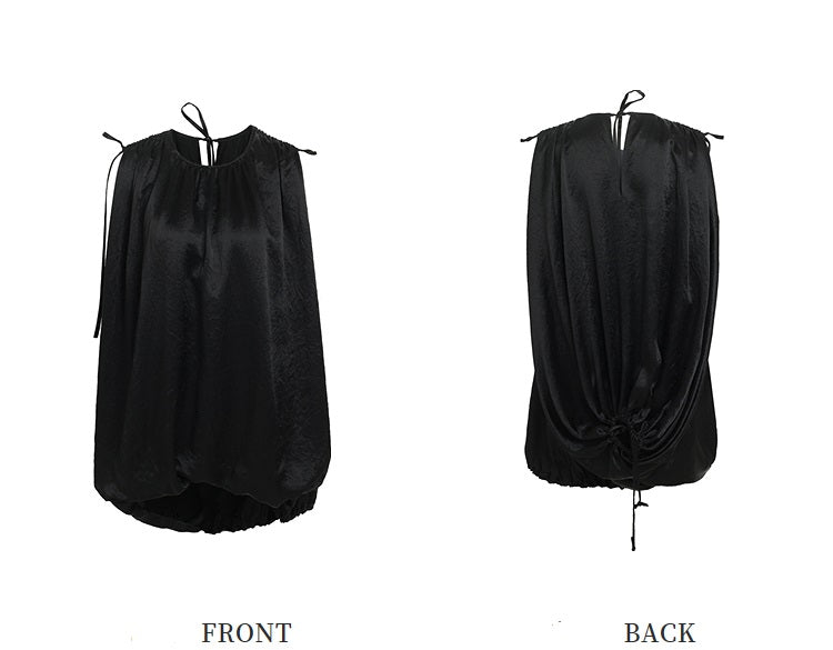 ZHUCHONGYUN Black Fiber Satin Adjustable Lace-up Loose Top--UNAKA.