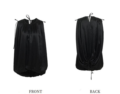 ZHUCHONGYUN Black Fiber Satin Adjustable Lace-up Loose Top--UNAKA.