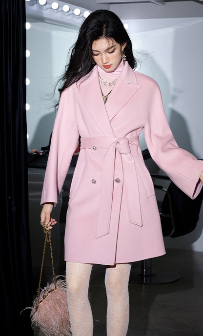 CHICHY Cashmere Classic Pink Reversible Woolen Lace-up Midi Length Coat-GINRO