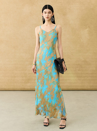 HECO Chinese style devored flower suspender dress - SKY.