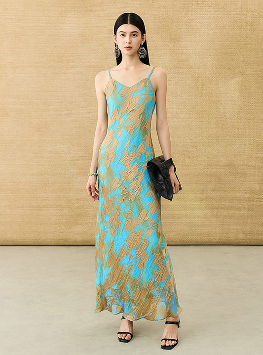 HECO Chinese style devored flower suspender dress - SKY.