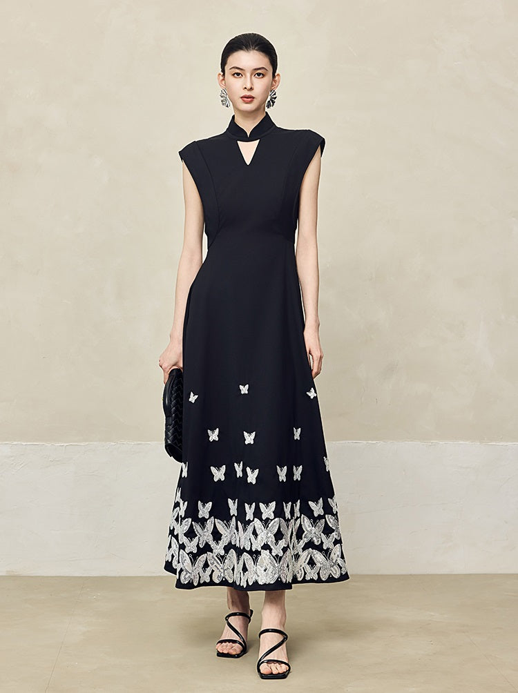 HECO Jacquard Acetate Hollow Stand Collar Thin A-line  Black White Dress Women - WEIGHT.