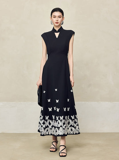 HECO Jacquard Acetate Hollow Stand Collar Thin A-line  Black White Dress Women - WEIGHT.