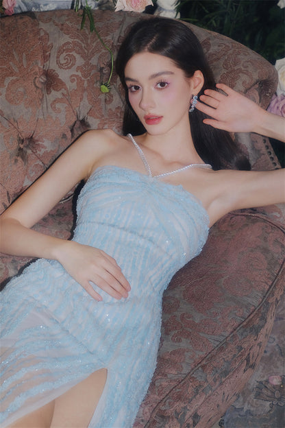 Wardrobes by Chen Luxury Blue Sleeveless Rhinestone Embroidery Slit Dress - Dami