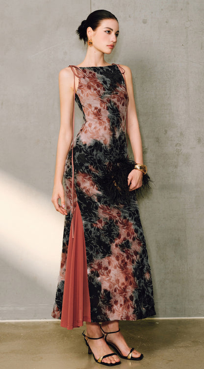 WANGXO | Artistic Ink Smudge Flora Knit Patchwork Contrast Tulle One-Shoulder Fishtail Dress with Flowing Gradient Drama -XINA