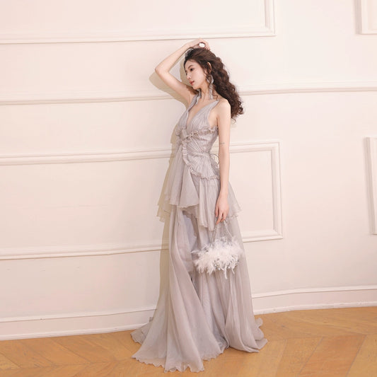 DOLLY Elegant Gray V-Neck Sleeveless Pleated Bandage Banquet Dress-MENA (V)
