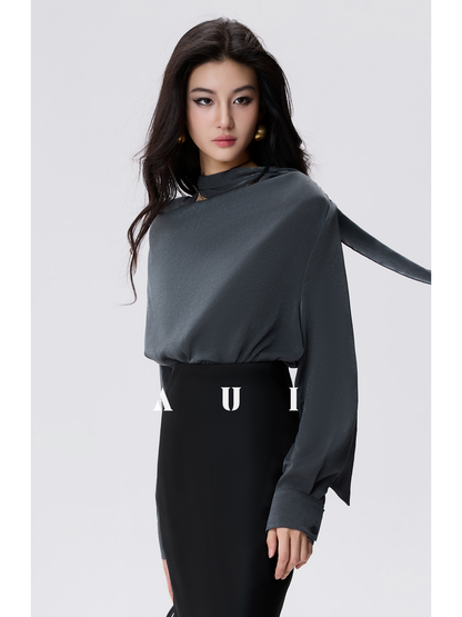 AUI commuter gray shoulder pad chiffon foreign temperament high-end chic top - Seo-yoon