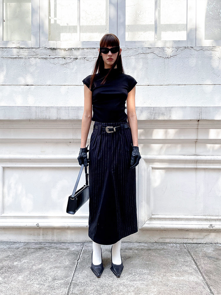 ANNAKIKI Black and White Striped Vintage Belt Trim Striped Skirt-RAVY