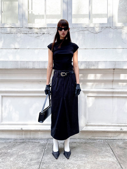 ANNAKIKI Black and White Striped Vintage Belt Trim Striped Skirt-RAVY