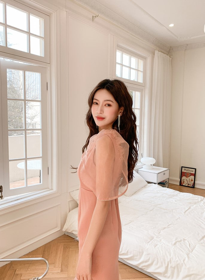 DOLLY Elegant V-Neck Short Mesh Puff Sleeve High Waist Midi Luncheon Dress-CHILE