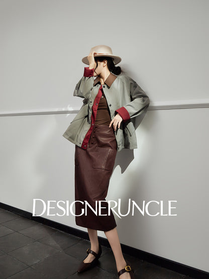 DGU "Blank" gray and green wine red leather black cool and sassy high-end jacket - Sidney.