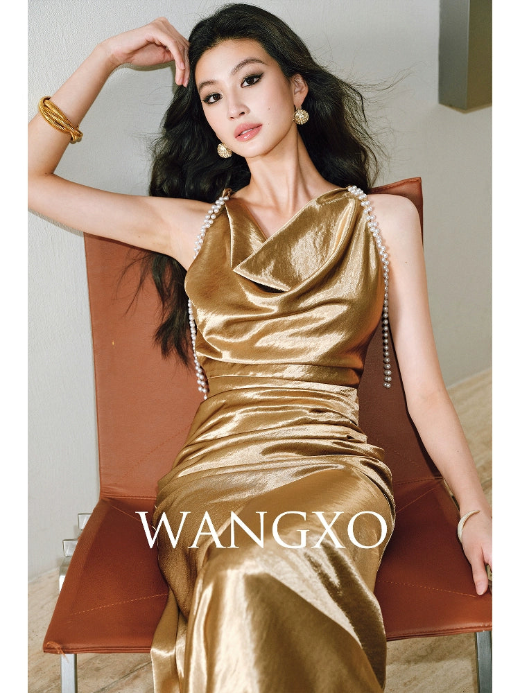 WANGXO |Detachable Pearl Pendant Swing Neck Waist Fishtail Dress -NOYA