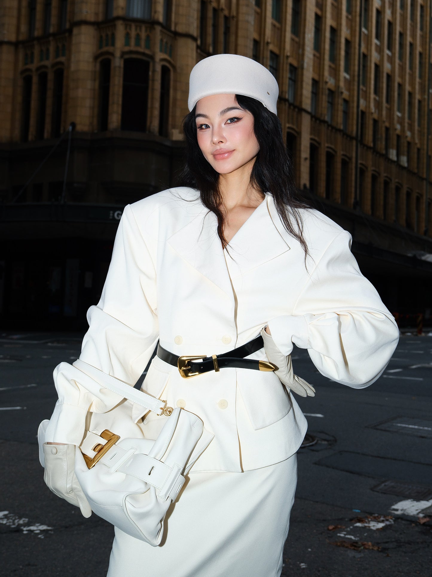 MEI SANGUAN Beige Wide-Shoulder Blazer & Midi Skirt Suit