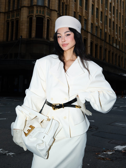 MEI SANGUAN Beige Wide-Shoulder Blazer & Midi Skirt Suit