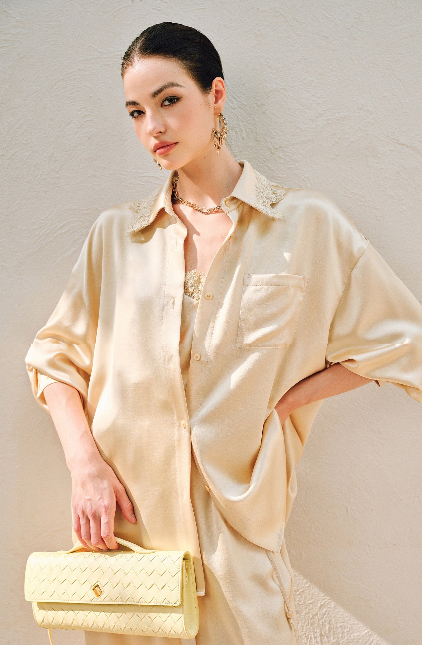 WANGXO | Hemp-Textured Acetate Satin  ight Luxury Lace Suspender, Shirt & Trousers Three-Piece Set- SARI