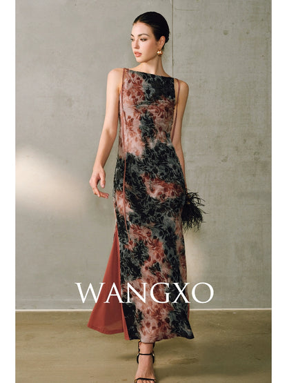 WANGXO | Artistic Ink Smudge Flora Knit Patchwork Contrast Tulle One-Shoulder Fishtail Dress with Flowing Gradient Drama -XINA