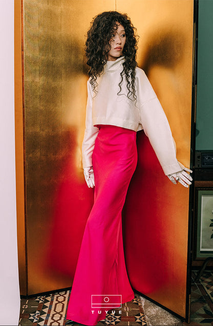 TUYUE  dragon fruit color diagonal satin slim dress - MYLEY.