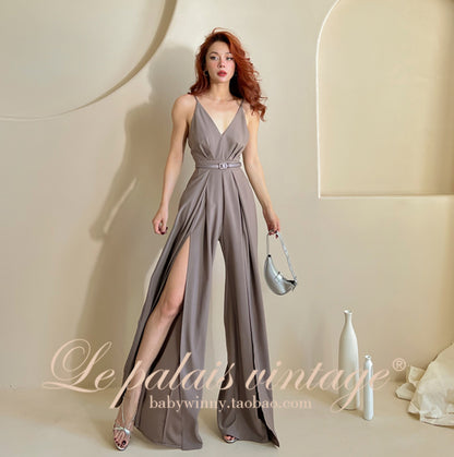 Le Palais Vintage sleek royal sister with a slit wide-leg pant-GANIRU.