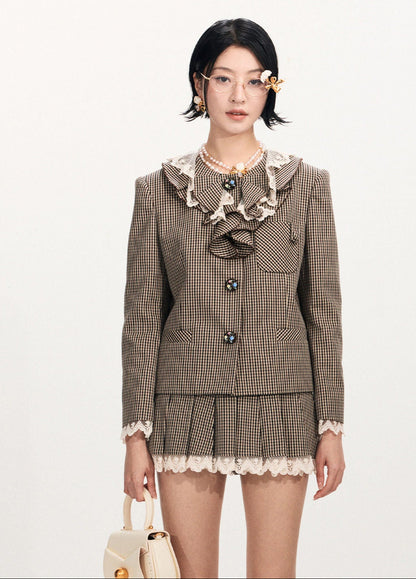 FAME Ruffled Lace Vintage Check Short Jacket Top - KYLA.