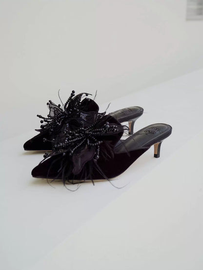 B-FEI kitten heeled niche beaded flower decoration mules-NEULO.