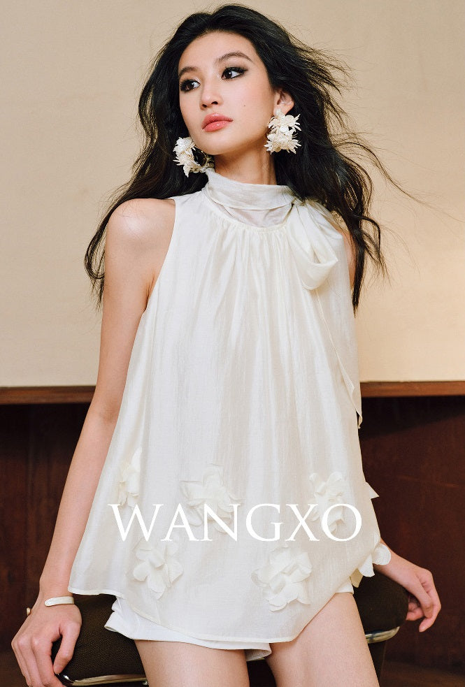 WANGXO Luxury Brand High-End Tencel Acetate Heavy Handmade Nail Flowers French Loose Ribbon Sleeveless Top - MAEVE