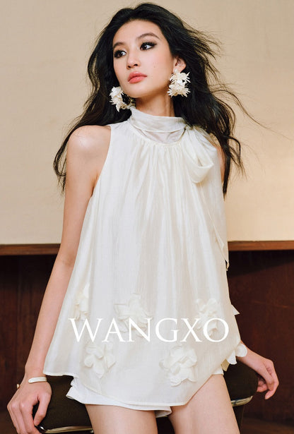 WANGXO Luxury Brand High-End Tencel Acetate Heavy Handmade Nail Flowers French Loose Ribbon Sleeveless Top - MAEVE