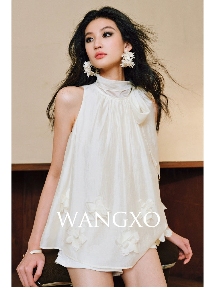 WANGXO Luxury Brand High-End Tencel Acetate Heavy Handmade Nail Flowers French Loose Ribbon Sleeveless Top - MAEVE