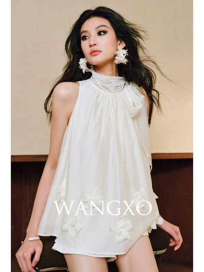 WANGXO Luxury Brand High-End Tencel Acetate Heavy Handmade Nail Flowers French Loose Ribbon Sleeveless Top - MAEVE