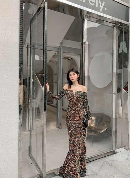 DOLLY High End Sequin Off Shoulder Long Sleeve Slim Fit Long Fish Tail Evening Dress-KASSIE