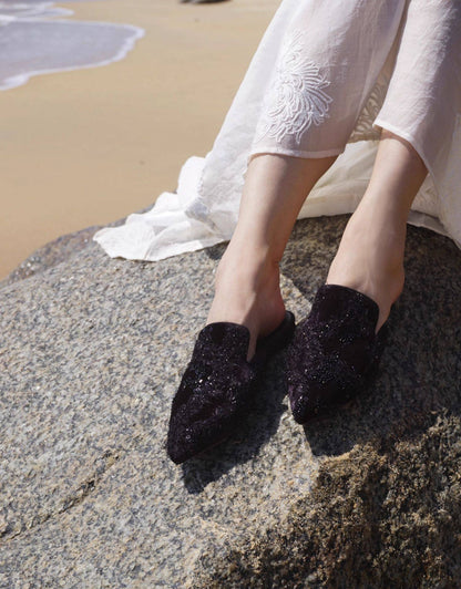 B-FEI black women's lazy pointed embroidered flat mules-MARIT.