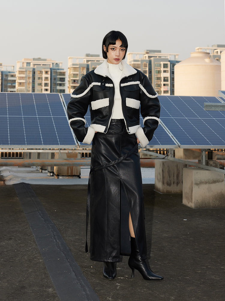 TINY IN black and white contrasting stitched fur leather biker jacket -MIKE