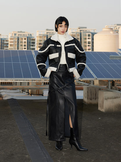 TINY IN black and white contrasting stitched fur leather biker jacket -MIKE