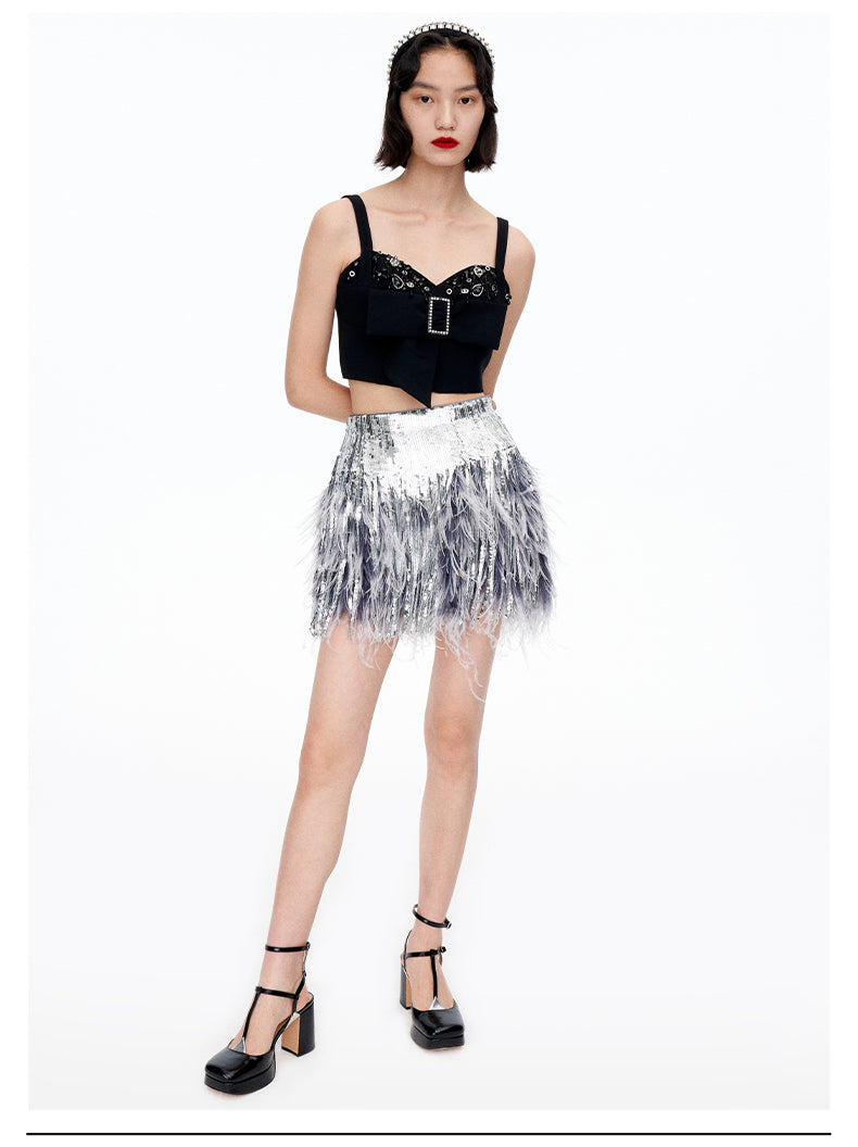 Limited edition high end beaded tassel feather short cocktail silver A-skirt - Lui