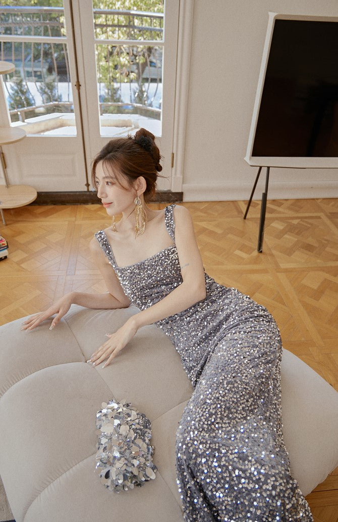 DOLLY Elegant Retro Style Square Collar Sleeveless Sequin Body Hug Evening Dress-HARPER