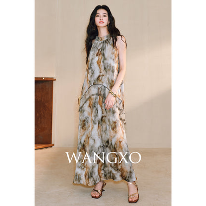 WANGXO | Oil Painting-Inspired Satin Jacquard  Beaded Tassel French-Italian Romantic Shaved Shoulder Halterneck Dress -LUMI