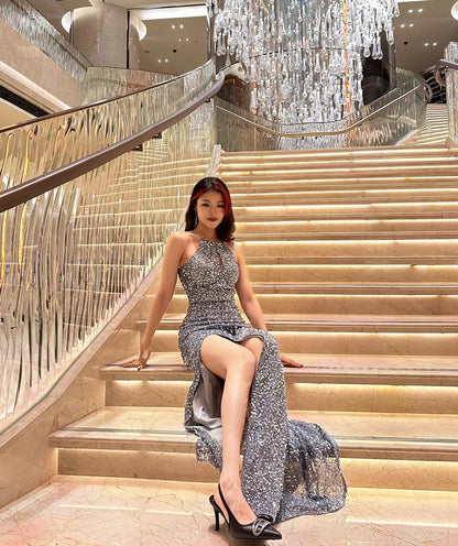 DOLLY Elegant Sleeveless Sequin Halter High Waist Fish Tail Evening Dress-BECCA