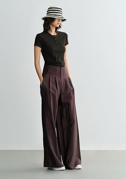 COMME MOI Lv Yan designer's new brown high-waisted pressed pleated wide-leg pants - LAKELYN.