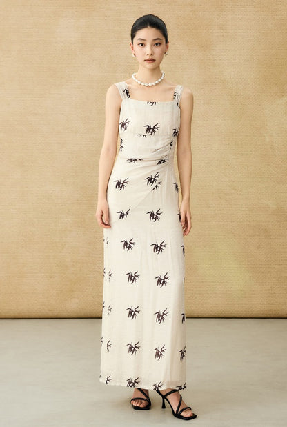 HECO Chinese irregular pleated camisole bamboo leaf print long dress- ROCK .