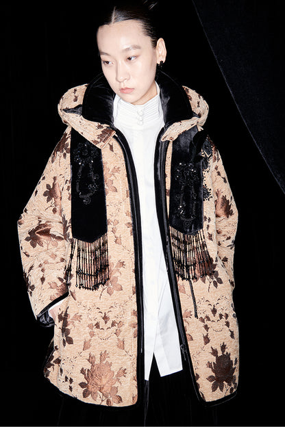 M essential Mackay drop-off jacquard crochet-embroidered hooded puffer jacket - all apere.