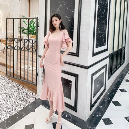 DOLLY Luxury Pink French Style V-Neck Ruffle Sleeve Long Wedding Guest Dress-MARON