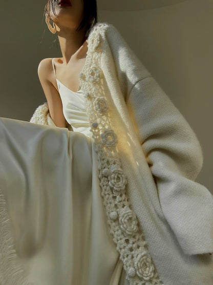 Aconiconi Luxury Loose V-Neck Long Sleeve Crochet Sweater - Camellia in the Fields