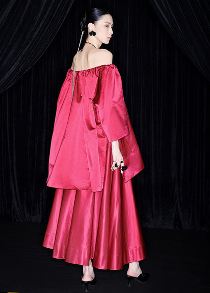 M essential Mackay designer red goldfish bead off shoulder top pleated skirt set- plum.