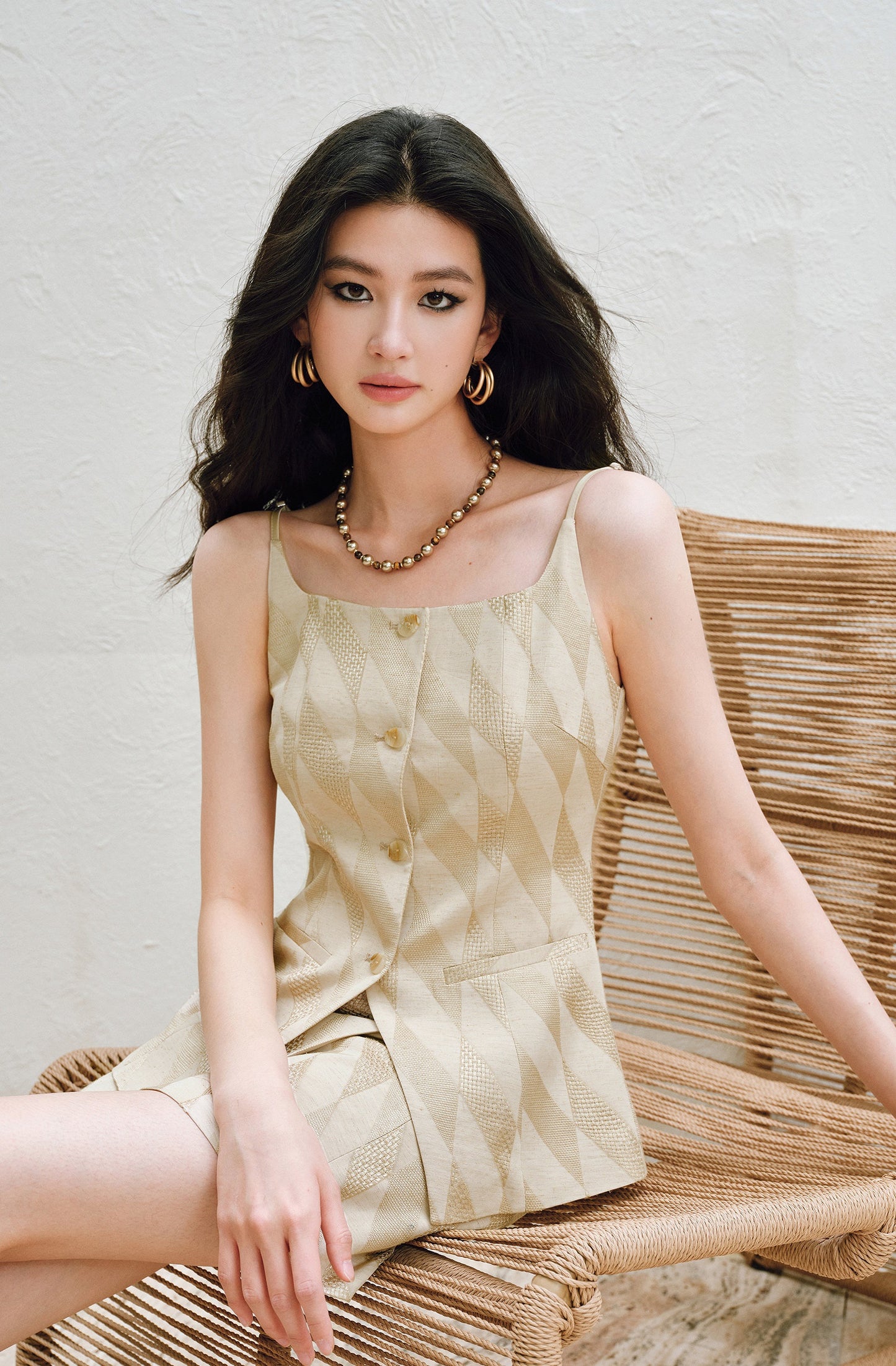 WANGXO | Oxygen-Induced Linen with Rhombic Texture  Waist-Cinched U-Neck Camisole Vest & Tie Skirt Set -NOLA