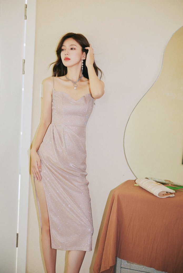 DOLLY Elegant Sleeveless Purple Thin Strap Suspender Sequin Dinner Dress-YESENIA