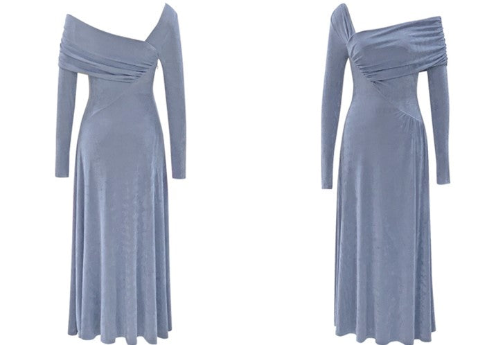 DOLLY Luxury Fog Blue Pleated Off Shoulder Slant Collar Long Sleeve Banquet Dress-MAYA
