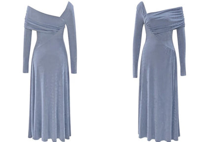 DOLLY Luxury Fog Blue Pleated Off Shoulder Slant Collar Long Sleeve Banquet Dress-MAYA