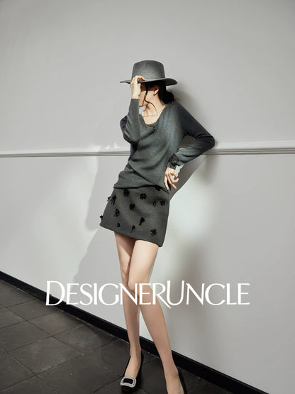 DGU "Ye Ni" gray wool knitted sweater versatile commuter slimming design top - Dylan.