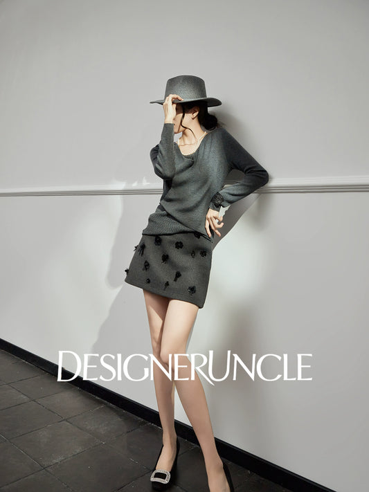 DGU "Ye Ni" gray wool knitted sweater versatile commuter slimming design top - Dylan.