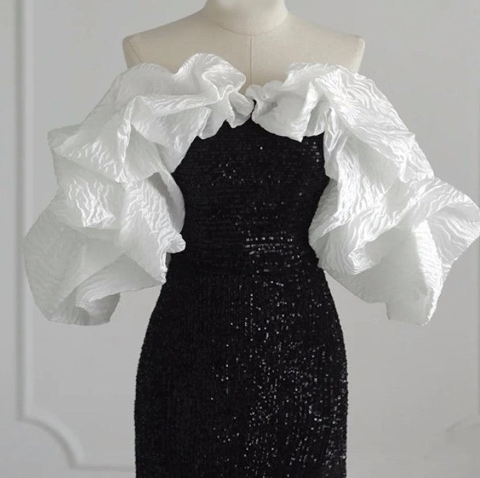 DOLLY Luxury Black Off Shoulder White Ruffle Chest Wrap Long Banquet Dress-NOLA